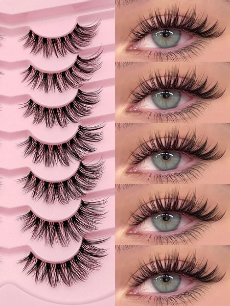 Asiteo 7 Pairs Cartoon Style Reusable Cat Eye False Eyelashes Faux Mink Lashes Natural & Fluffy Crossed
