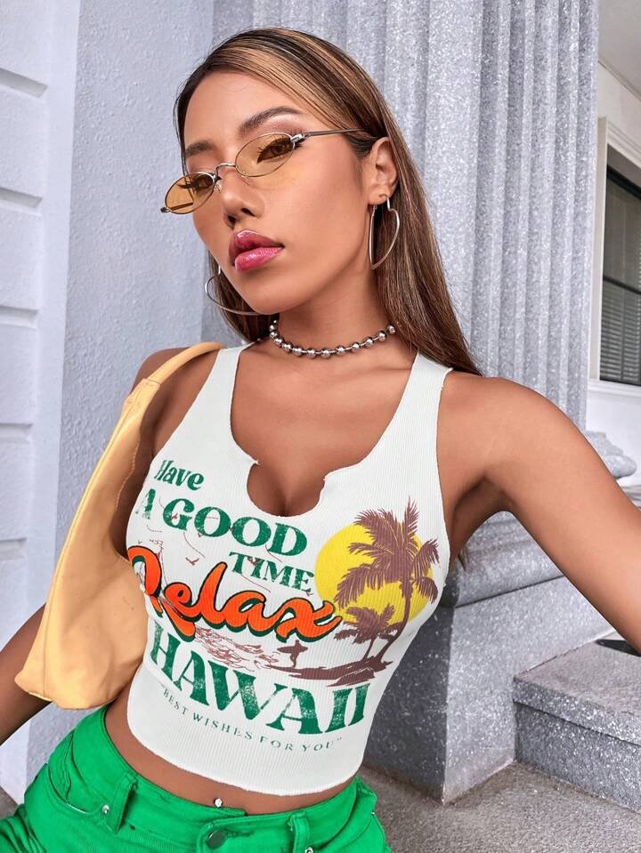 Chiquease Palm Tree &amp; Slogan Graphic Notched Neck Tank Top Have A GOOD TIME Relax