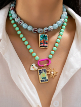 Blue Color Murano Beaded Necklace With Palm Tree Pendant Summer Beach