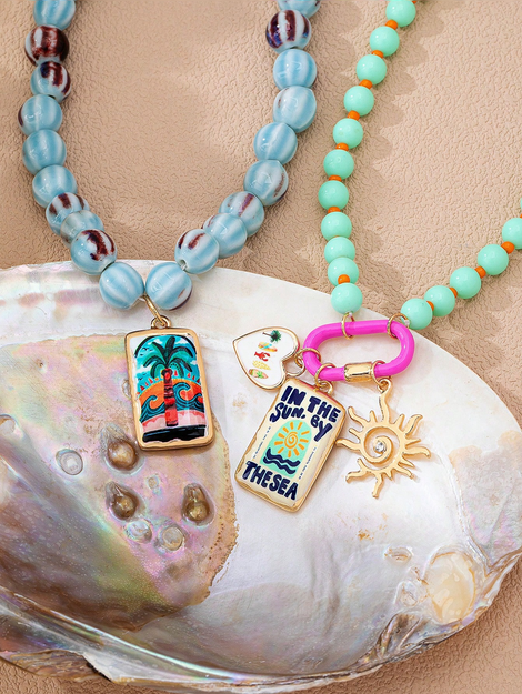 Blue Color Murano Beaded Necklace With Palm Tree Pendant Summer Beach