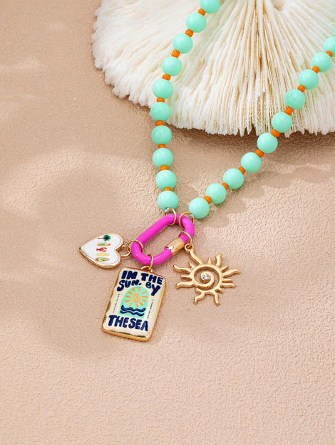 Blue Color Murano Beaded Necklace With Palm Tree Pendant Summer Beach
