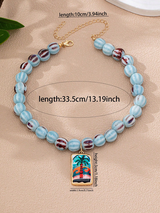 Blue Color Murano Beaded Necklace With Palm Tree Pendant Summer Beach