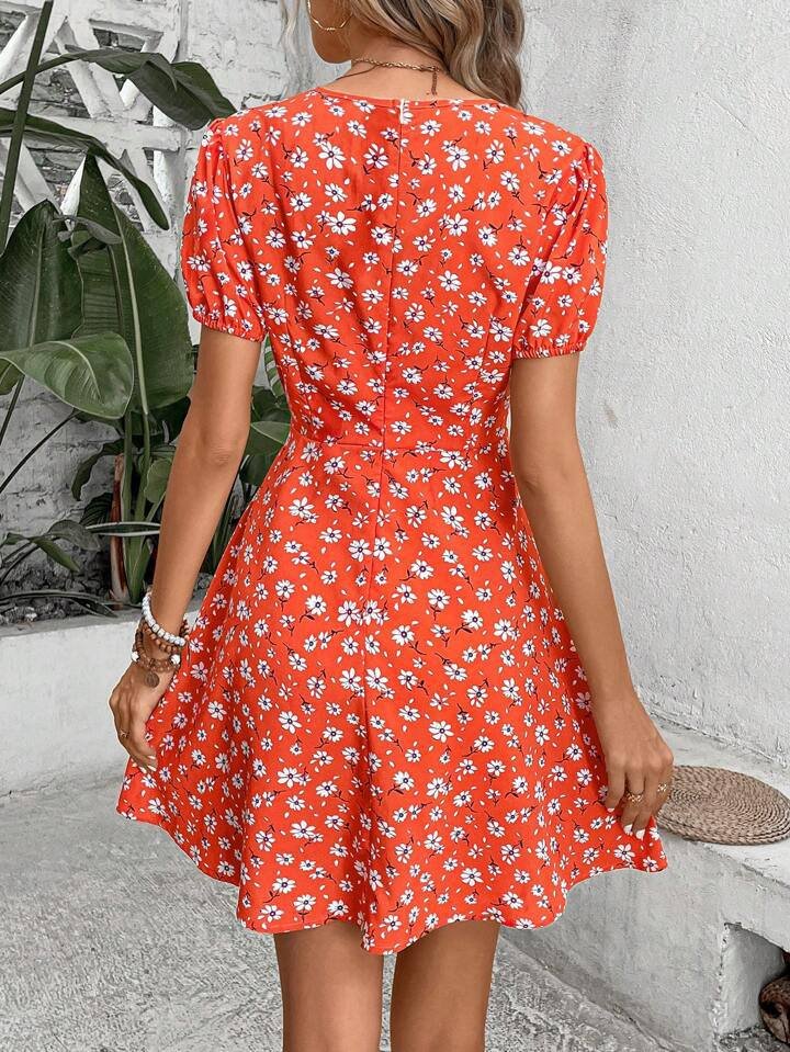 Breezaya Allover Floral Print Puff Sleeve Dress Vacation Beach Outfits Women