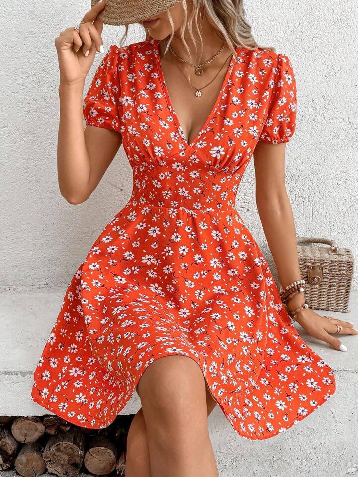 Breezaya Allover Floral Print Puff Sleeve Dress Vacation Beach Outfits Women