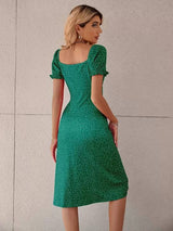 Breezaya Polka Dot Puff Sleeve Tie Front Ruched Bust Slit Hem Dress Maxi Vacation Beach Outfits Women