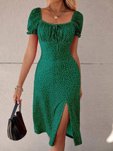 Breezaya Polka Dot Puff Sleeve Tie Front Ruched Bust Slit Hem Dress Maxi Vacation Beach Outfits Women