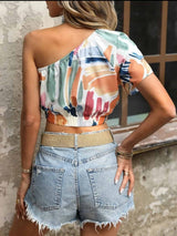 Brush Print One Shoulder Crop Top