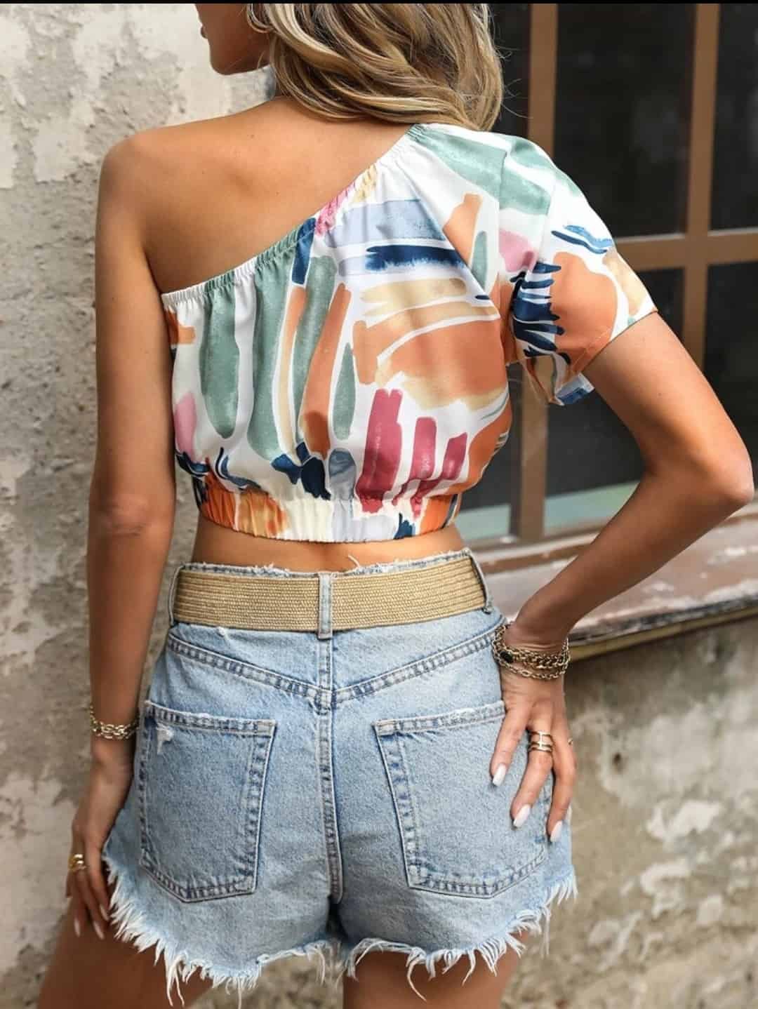 Brush Print One Shoulder Crop Top
