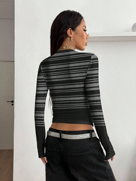 Coolane Women's Irregular Striped Positioning Print V-Neck Long Sleeve Casual Streetwear