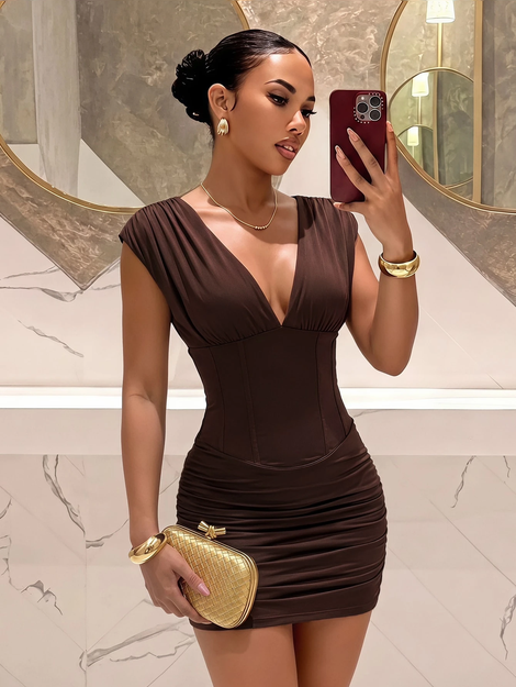 Slaydiva Brown Off Shoulder Deep V Corset Waist Ruched Bodycon Mini Party Dress-A