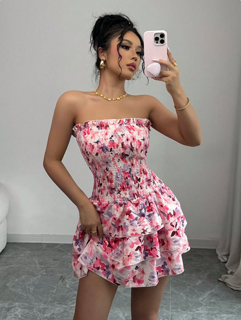 Elenzga Pink Sexy Cake Small Ruffle Design Ladies Dress