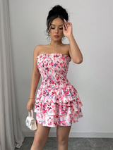Elenzga Pink Sexy Cake Small Ruffle Design Ladies Dress