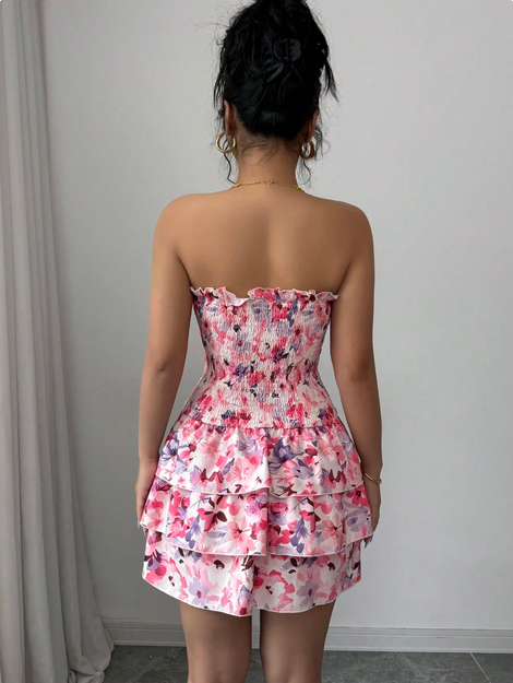 Elenzga Pink Sexy Cake Small Ruffle Design Ladies Dress