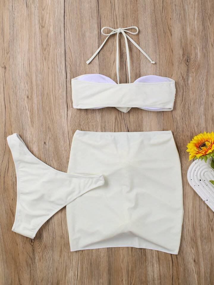Europe And America Sexy Flower Solid Color Three-Piece Bikini Set Bikini Set Summer Beach