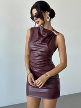 Firerie Women's Elegant Vintage Sexy Unique Burgundy Solid Asymmetric Ruched Waist Sleeveless