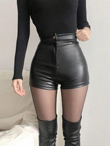 Firerie Women's Sexy Hottie Black PU Ultra High Waisted Super Shorts,Slim Fit PU Shorts Black