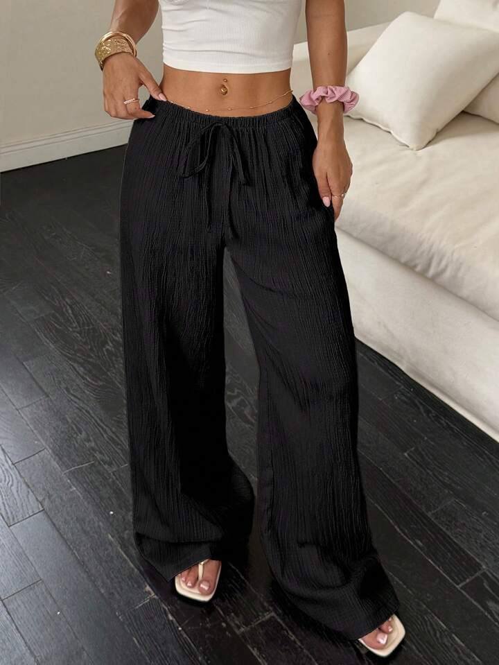 Flirla Women's Casual Plain Slant Pockets Textured Long Pants