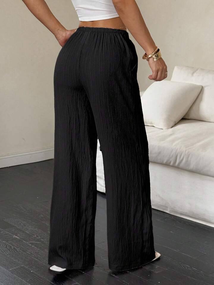 Flirla Women's Casual Plain Slant Pockets Textured Long Pants
