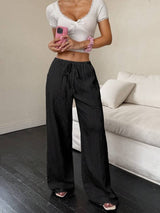 Flirla Women's Casual Plain Slant Pockets Textured Long Pants