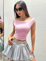 Flirla Women's Summer Solid Color Scoop Neck Fitted Casual T-Shirt, Top, Versatile