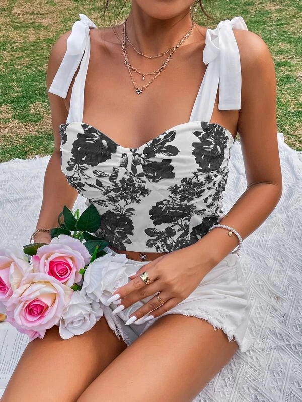 Floral Print Knot Shoulder Cami Top