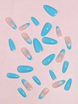 Get Glamorous With 24pcs White And Blue Flower Design Press On Nails