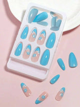 Get Glamorous With 24pcs White And Blue Flower Design Press On Nails
