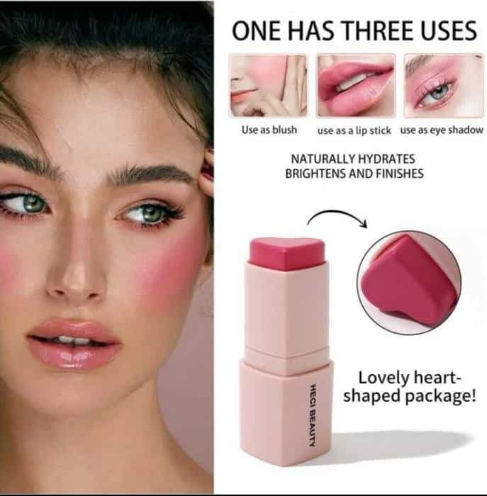 Heart-shaped 3-in-1 Cream Blush Stick pink Bubble