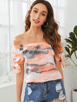 Off Shoulder Knotted Cuff Tie Dye Top
