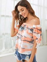 Off Shoulder Knotted Cuff Tie Dye Top