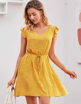 Allover Print Ruffle Armhole Self Belted Dress