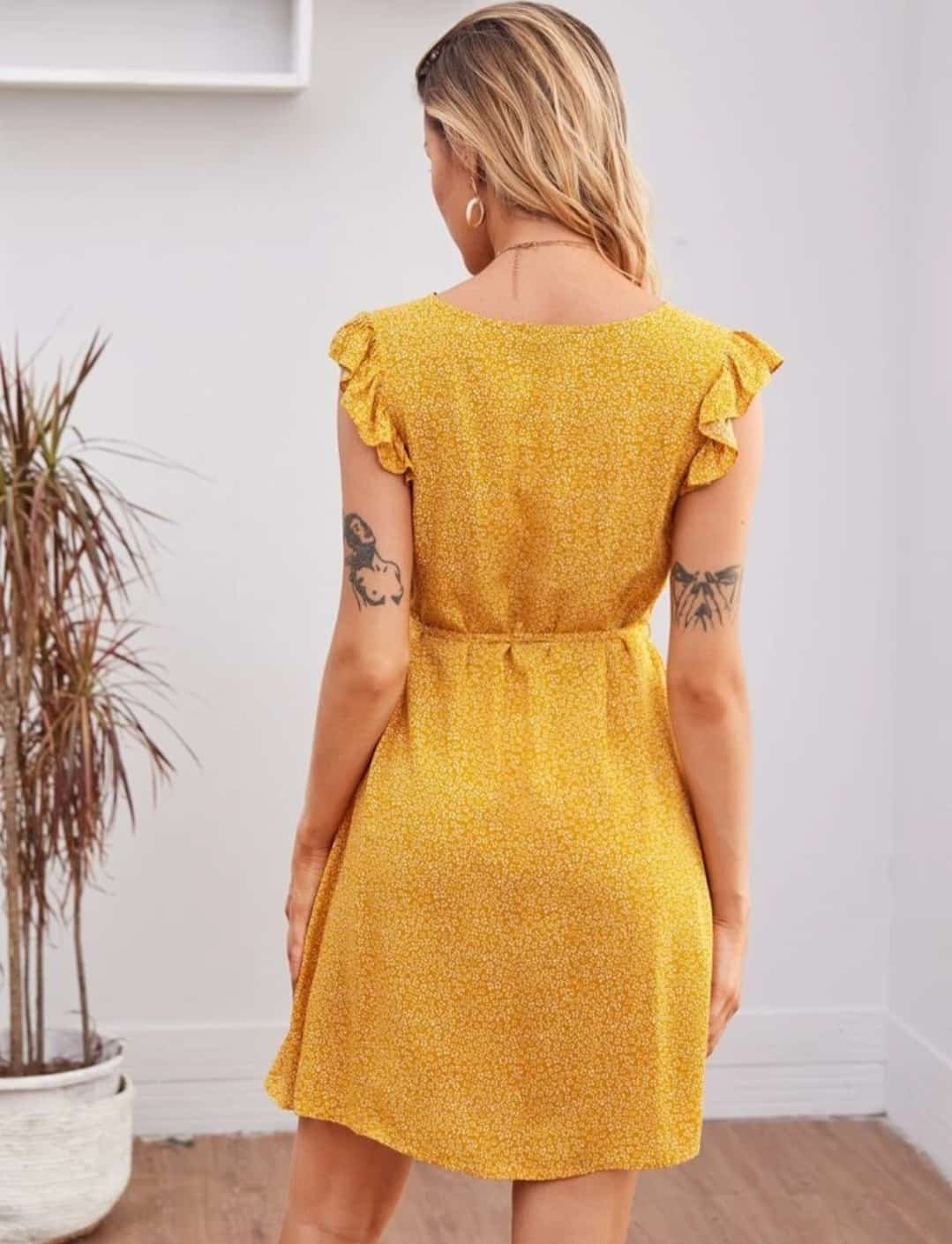 Allover Print Ruffle Armhole Self Belted Dress