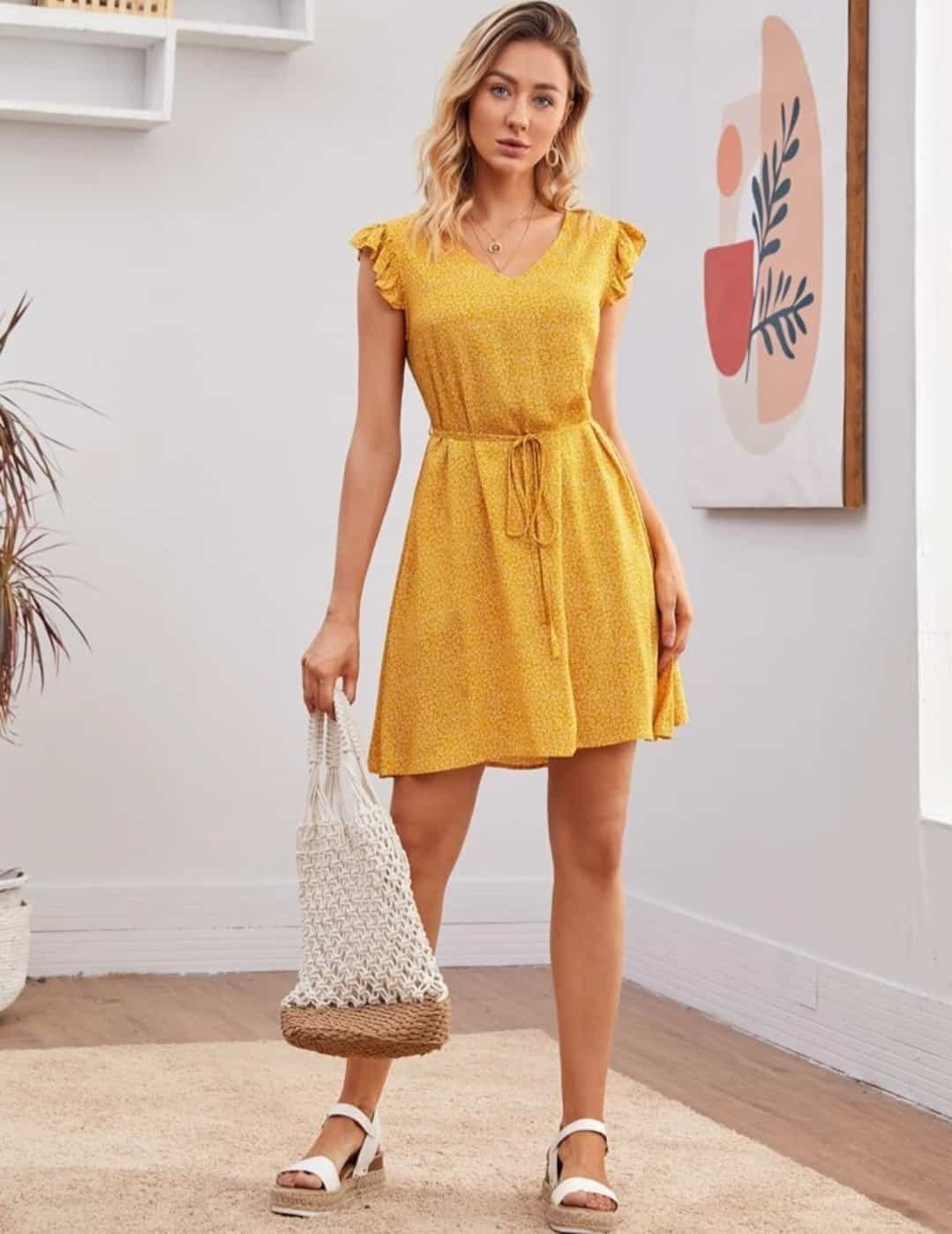 Allover Print Ruffle Armhole Self Belted Dress