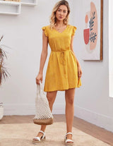 Allover Print Ruffle Armhole Self Belted Dress