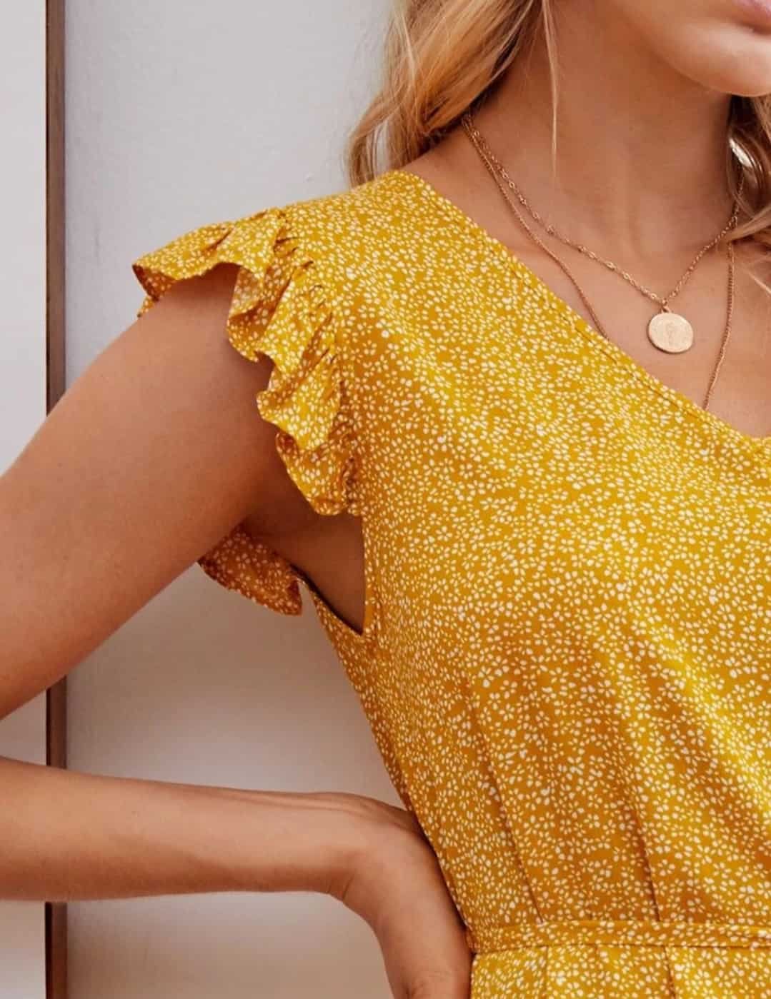 Allover Print Ruffle Armhole Self Belted Dress