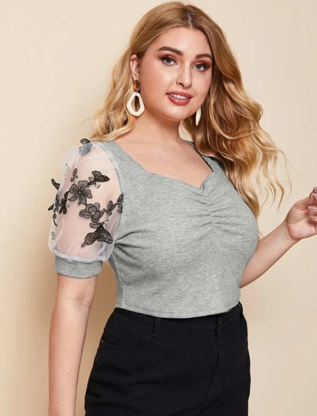 Plus Sweetheart Neck Embroidery Mesh Panel Top