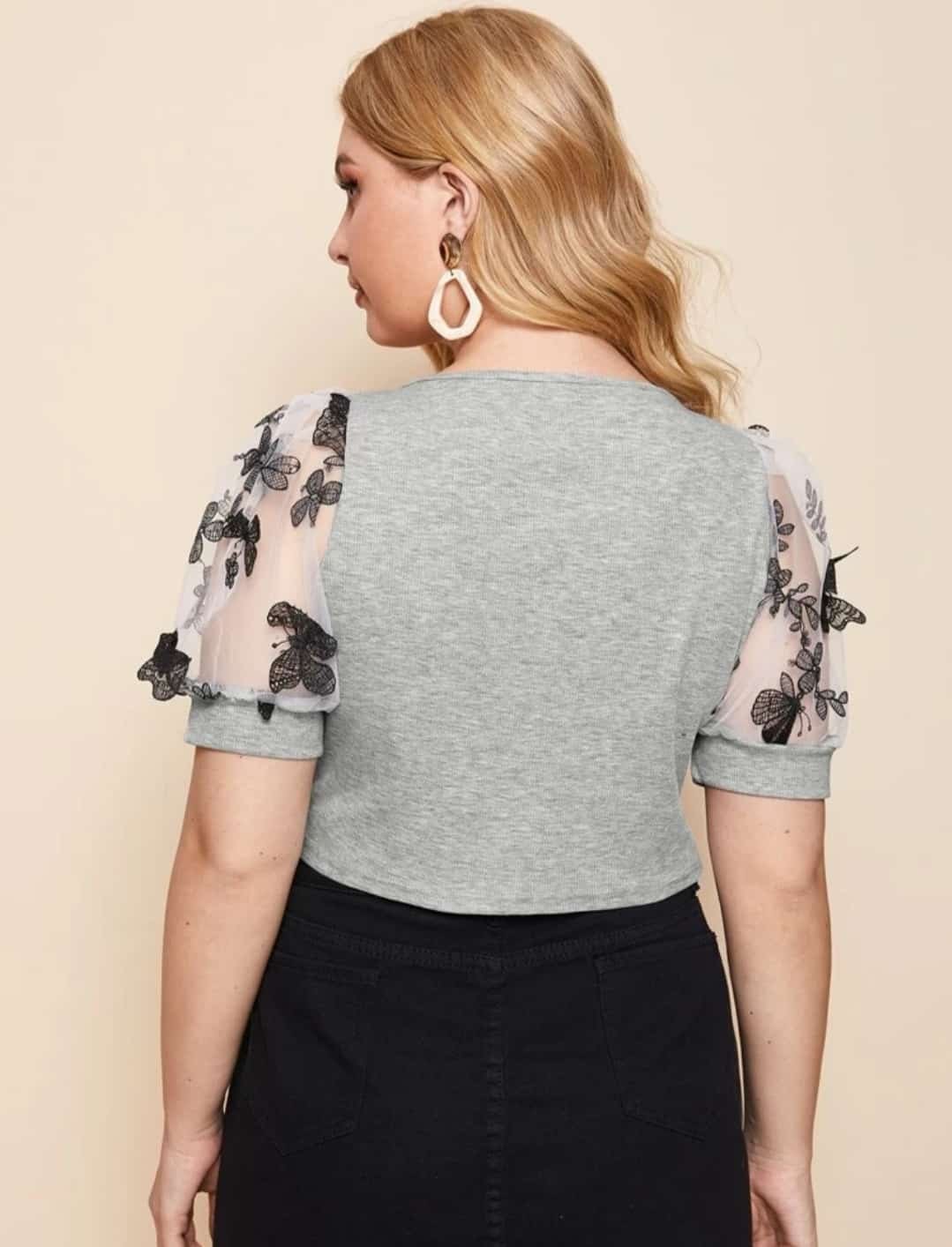 Plus Sweetheart Neck Embroidery Mesh Panel Top