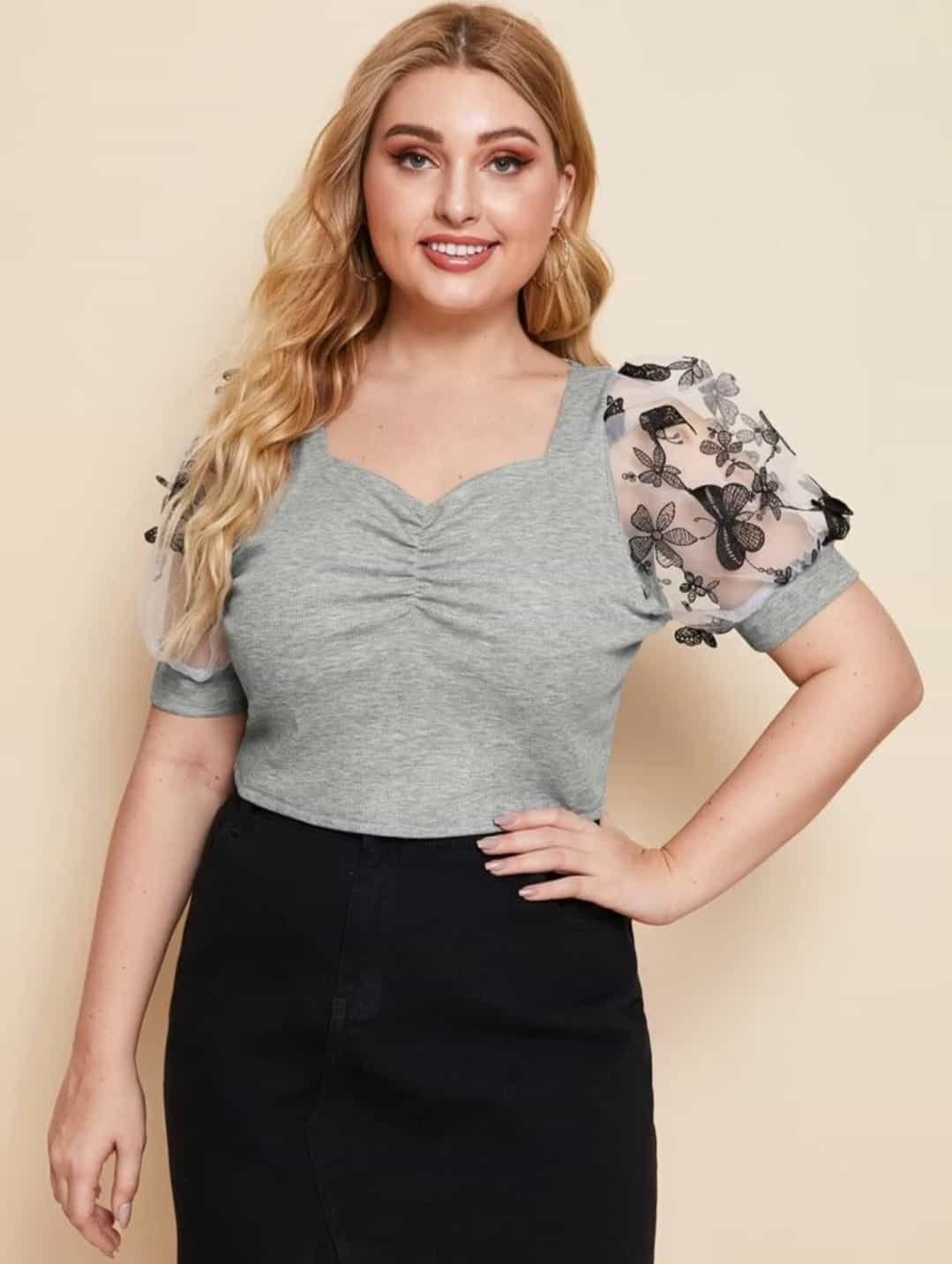 Plus Sweetheart Neck Embroidery Mesh Panel Top
