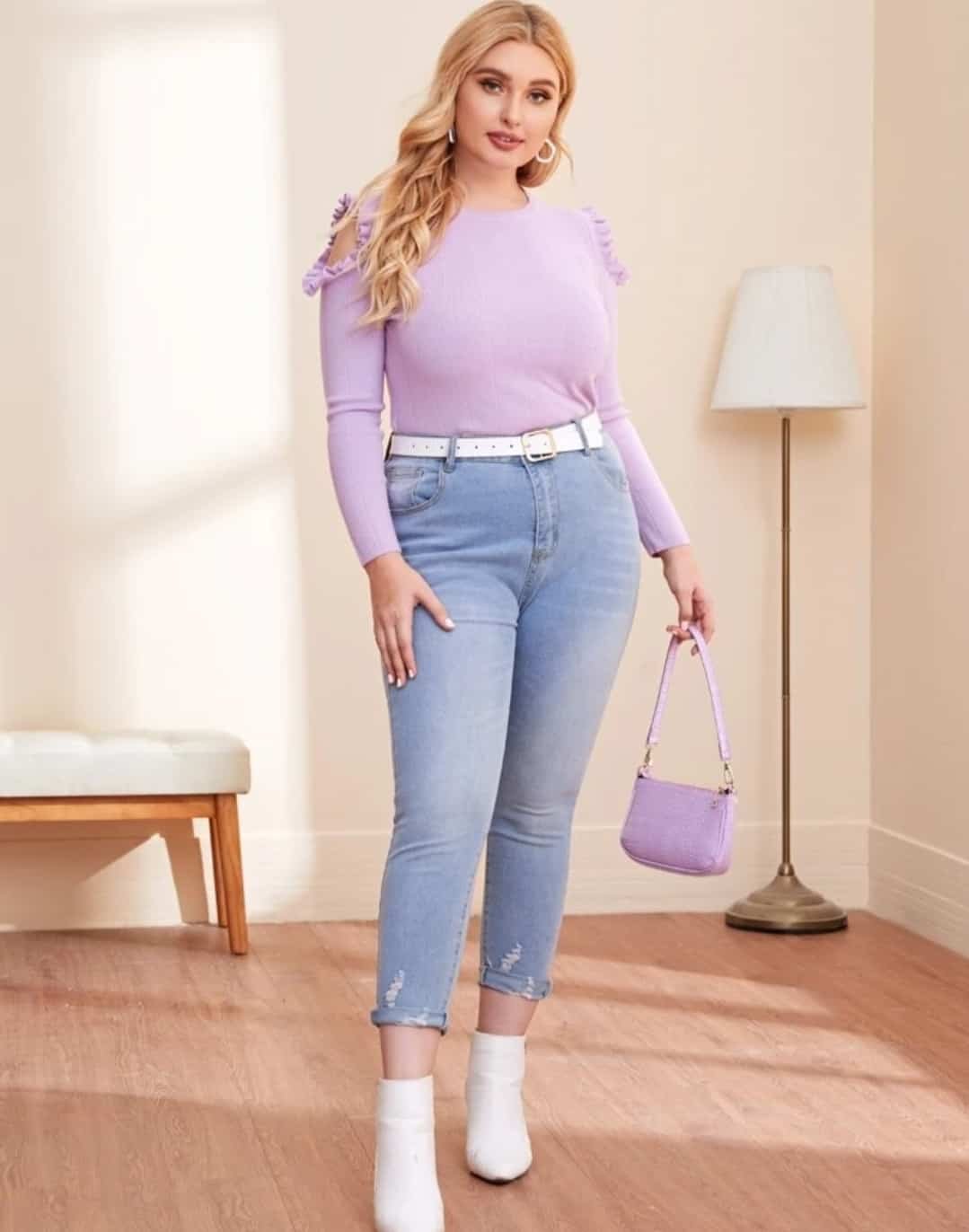 Plus Ruffle Trim Cold Shoulder Sweater