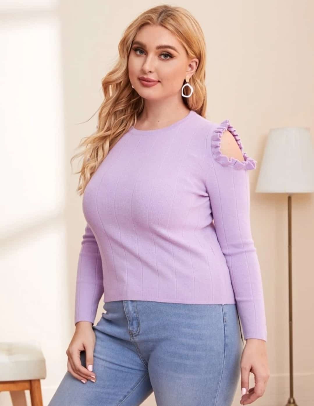 Plus Ruffle Trim Cold Shoulder Sweater