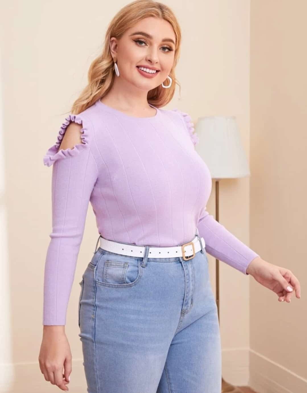 Plus Ruffle Trim Cold Shoulder Sweater