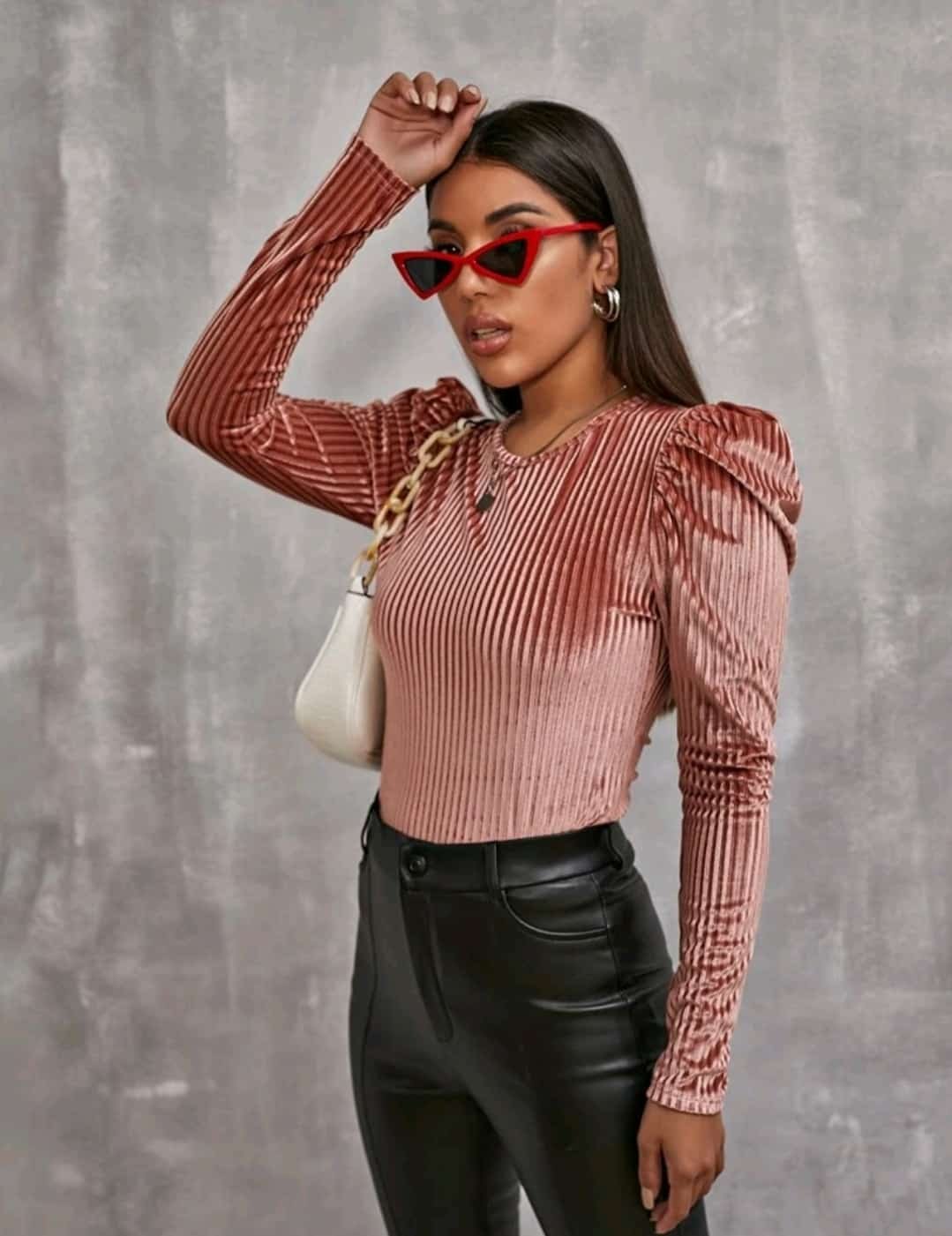 Gigot Sleeve Ribbed Velvet Top