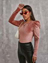 Gigot Sleeve Ribbed Velvet Top