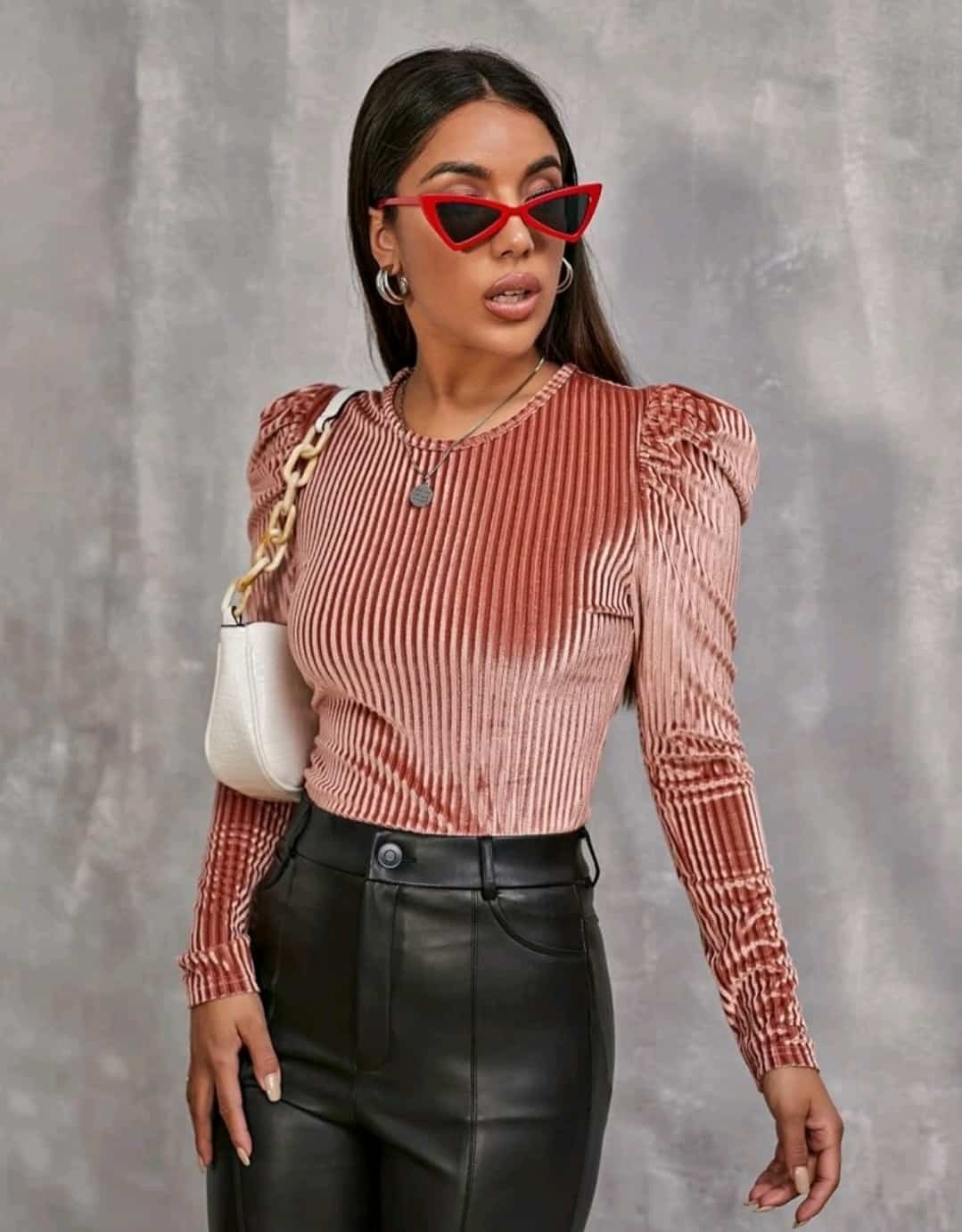 Gigot Sleeve Ribbed Velvet Top