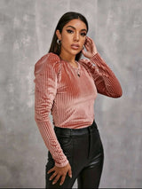 Gigot Sleeve Ribbed Velvet Top