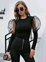 Mesh Panel Leg-of-mutton Sleeve Fitted Top