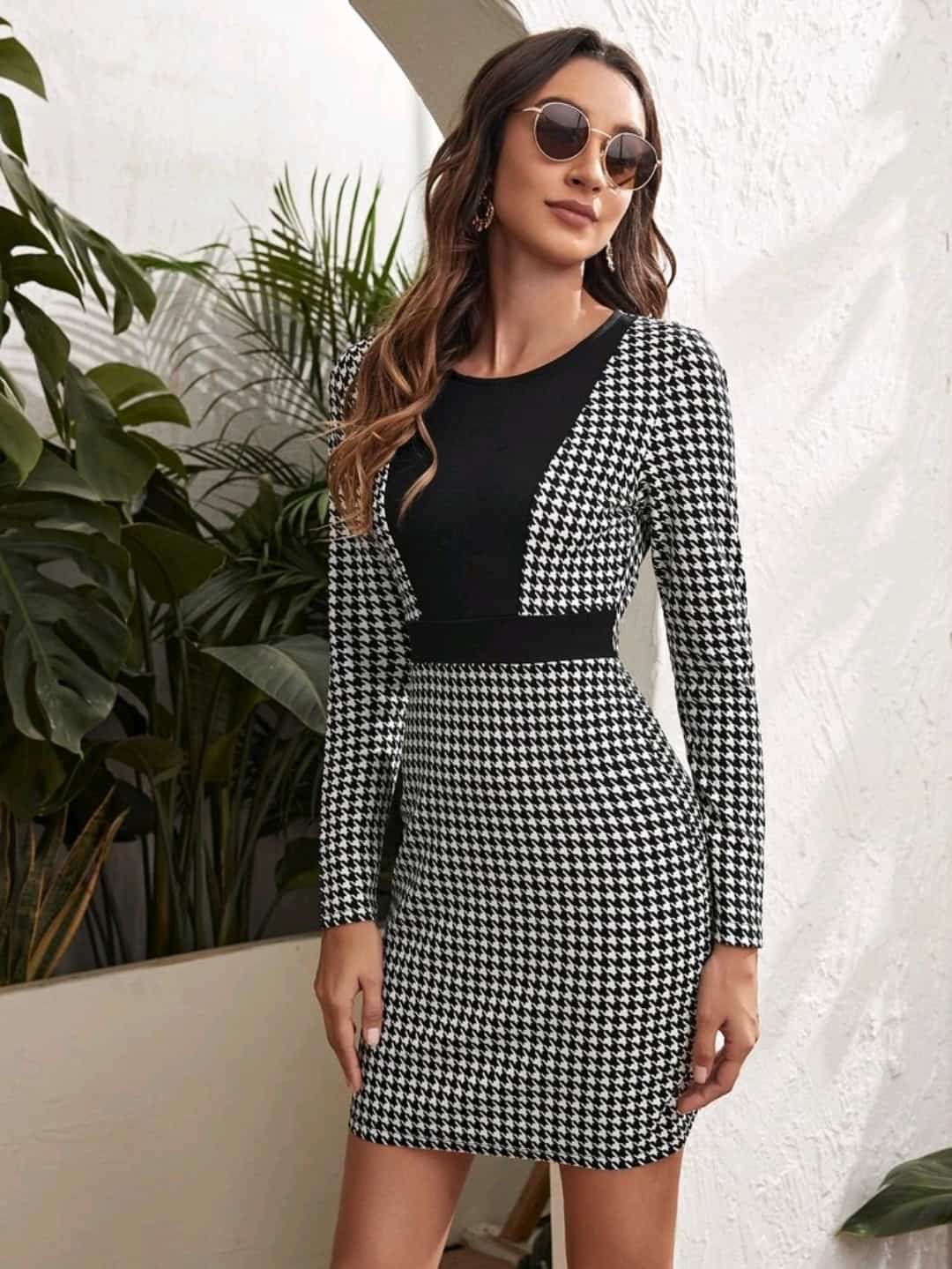 Colorblock Houndstooth Bodycon Dress