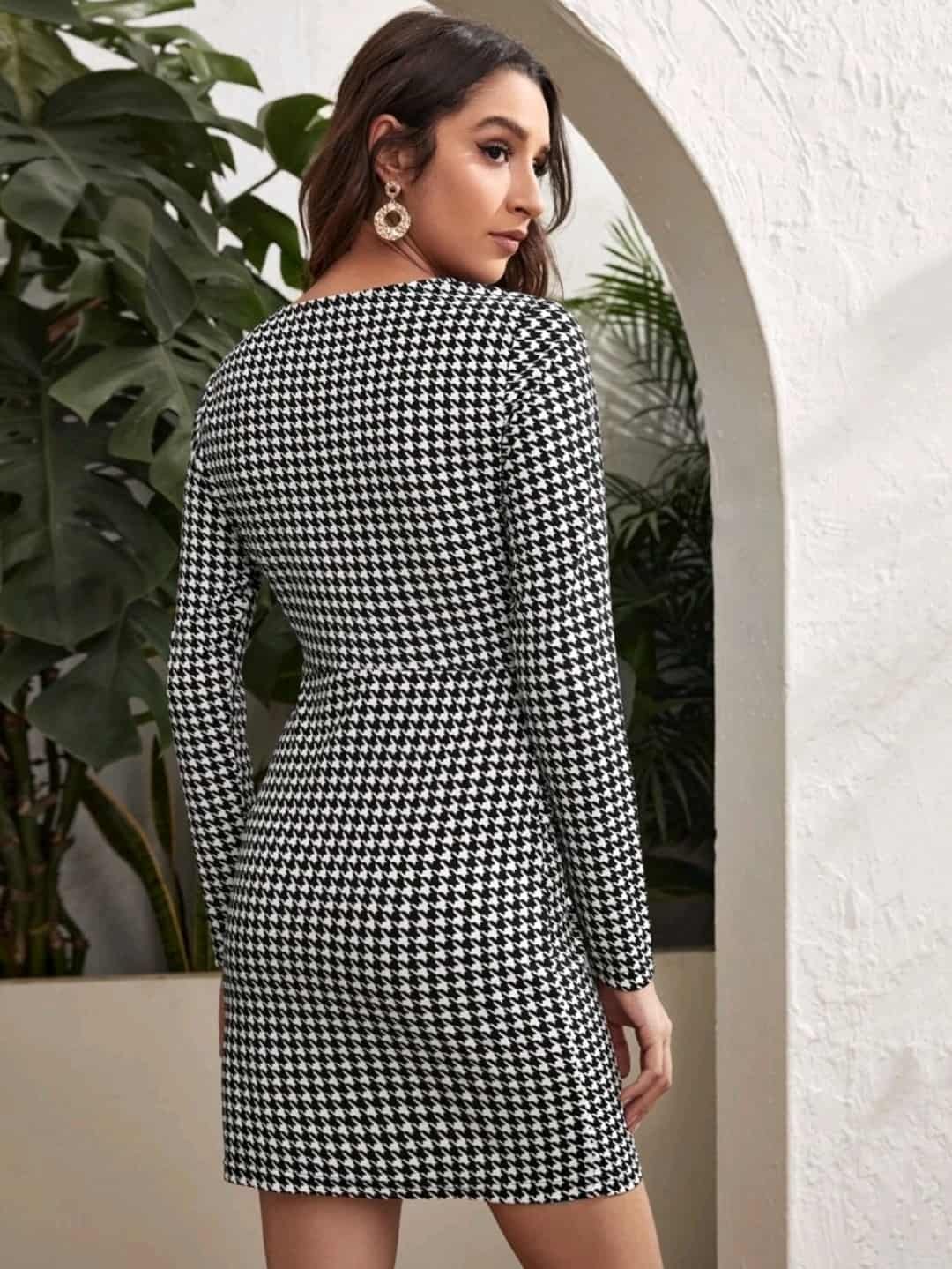 Colorblock Houndstooth Bodycon Dress