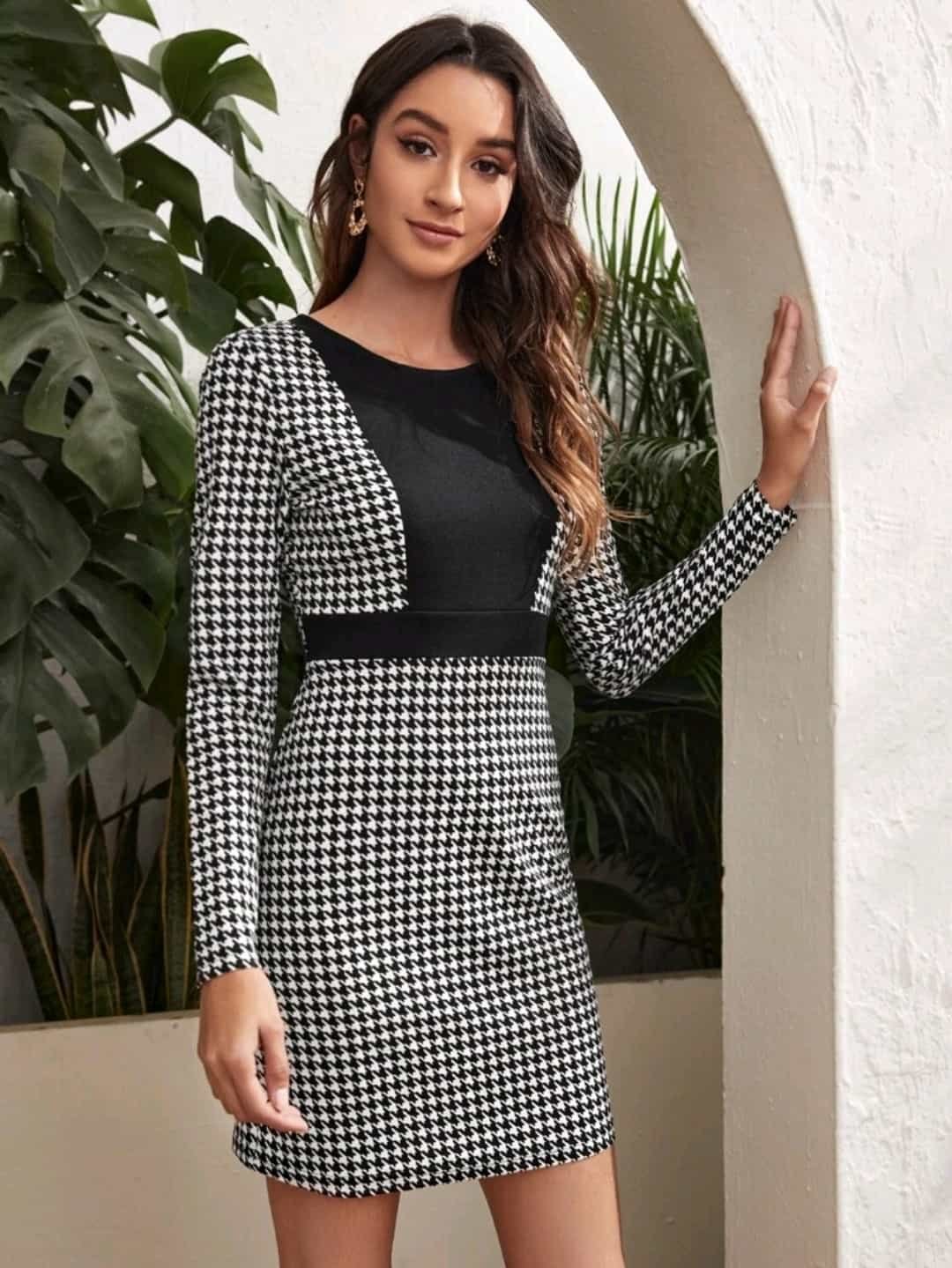 Colorblock Houndstooth Bodycon Dress