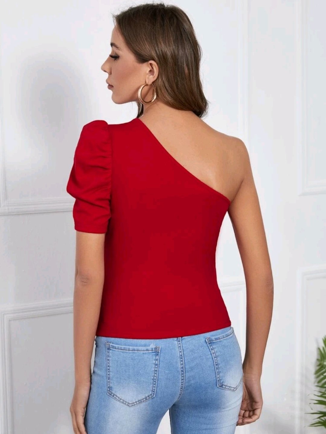 SHEIN One Shoulder Cut-out Puff Sleeve Tee